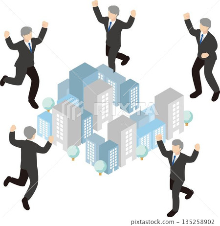 Isometric businessman illustration set. Happy people with fist pumps and real estate and business icons Isometric businessman illustration set. Happy people with fist pumps and real estate and business icons 135258902