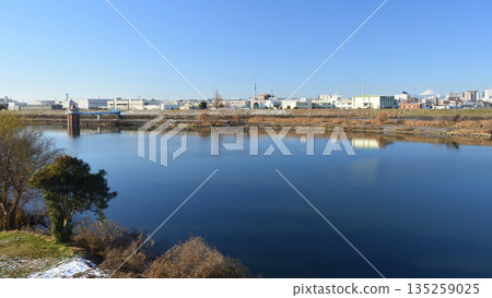 Edogawa River bank, Mt. Fuji, Tokyo Skytree, and Kanamachi Water Purification Plant intake tower Edogawa River bank, Mt. Fuji, Tokyo Skytree, and Kanamachi Water Purification Plant intake tower 135259025