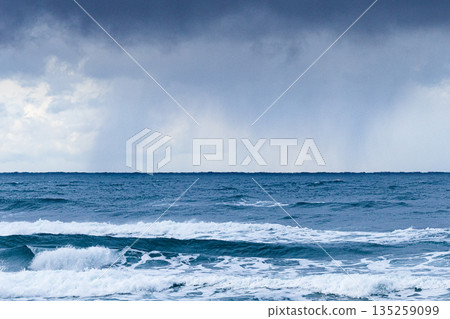 The rough Sea of Japan seen from the coast of Higashihama in Tottori, San'in region, in snowy winter The rough Sea of Japan seen from the coast of Higashihama in Tottori, San'in region, in snowy winter 135259099