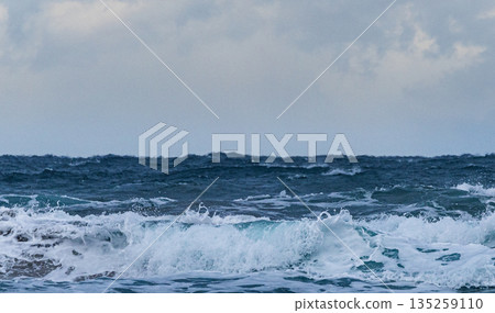 雪季期間，從鳥取縣山陰郡東濱海岸眺望波濤洶湧的日本海。 135259110