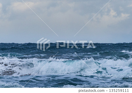 The rough Sea of Japan seen from the coast of Higashihama in Tottori, San'in region, in snowy winter 135259111