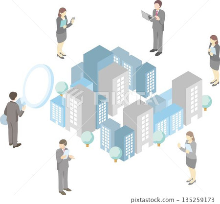 Isometric illustration of job search and company research. Concept material for job hunting and recruitment business. Isometric illustration of job search and company research. Concept material for job hunting and recruitment business. 135259173