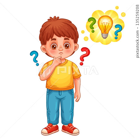 Child boy thinking, ask question. Confused thoughtful kid and light bulb. Creative idea, education knowledge, imagination. Curious pensive intelligent young person contemplation answer solving vector 135259208