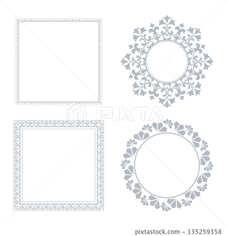 Set of decorative frames Elegant vector element for design in Eastern style, place for text. Floral gray and white borders. Lace illustration for invitations and greeting cards 135259358