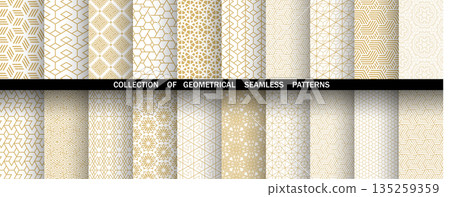Geometric set of seamless golden and white patterns. Simple vector graphics 135259359