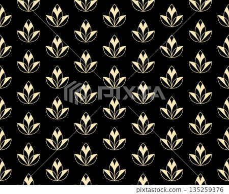 Flower geometric pattern. Seamless vector background. Golden and black ornament. Ornament for fabric, wallpaper, packaging. Decorative print Flower geometric pattern. Seamless vector background. Golden and black ornament. Ornament for fabric, wallpaper, packaging. Decorative print 135259376