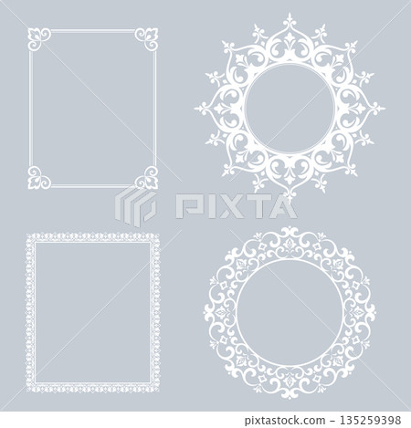 Set of decorative frames Elegant vector element for design in Eastern style, place for text. Floral gray and white borders. Lace illustration for invitations and greeting cards Set of decorative frames Elegant vector element for design in Eastern style, place for text. Floral gray and white borders. Lace illustration for invitations and greeting cards 135259398