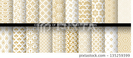 Geometric floral set of seamless patterns. White and golden vector backgrounds. Damask graphic ornaments 135259399