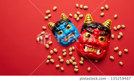Setsubun advertising background material depicting demon masks and bean throwing on a red background 135259487