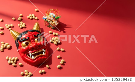 Setsubun advertising background material depicting demon masks and bean throwing on a red background 135259488