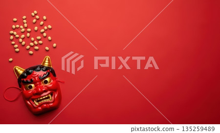 Setsubun advertising background material depicting demon masks and bean throwing on a red background 135259489
