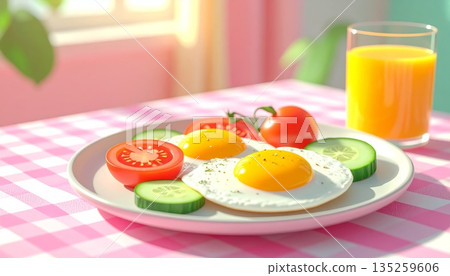 Cute 3D Cartoon Breakfast Plate with Fried Egg, Tomato, Cucumber, and Orange Juice 135259606