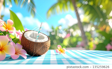 Fresh Coconut Drink in a Coconut with Tropical Flowers Fresh Coconut Drink in a Coconut with Tropical Flowers 135259626
