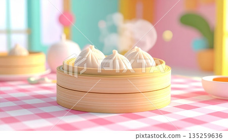 Steamed Dumplings in Bamboo Basket in 3D Cartoon Style Steamed Dumplings in Bamboo Basket in 3D Cartoon Style 135259636