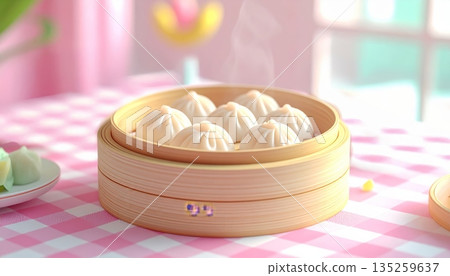 Steamed Dumplings in Bamboo Basket in 3D Cartoon Style Steamed Dumplings in Bamboo Basket in 3D Cartoon Style 135259637
