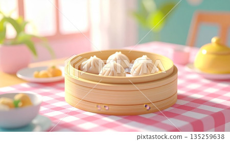 Steamed Dumplings in Bamboo Basket in 3D Cartoon Style 135259638