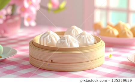 Steamed Buns in Bamboo Basket in 3D Cartoon Style Steamed Buns in Bamboo Basket in 3D Cartoon Style 135259639