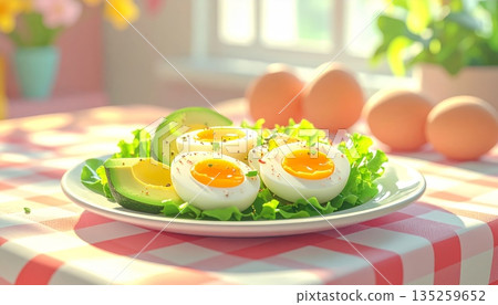 Egg and Avocado Salad in 3D Cartoon Style 135259652