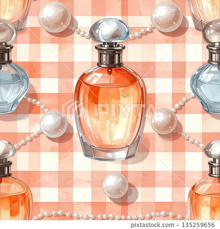 Perfume Bottle with Pearls on Light Peach Gingham Watercolor Background 135259656