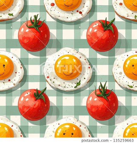 Sunny Side Up Eggs with Tomatoes on Light Green Gingham Watercolor Background Sunny Side Up Eggs with Tomatoes on Light Green Gingham Watercolor Background 135259663