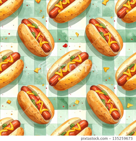 Hot Dog with Cheese on Light Green Gingham Watercolor Background Hot Dog with Cheese on Light Green Gingham Watercolor Background 135259673