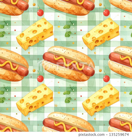 Hot Dog with Cheese on Light Green Gingham Watercolor Background Hot Dog with Cheese on Light Green Gingham Watercolor Background 135259674