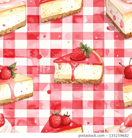 Cheesecake on Red Gingham Watercolor Background 135259682