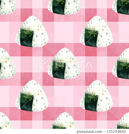 Japanese Onigiri on Light Pink Gingham Watercolor Background Japanese Onigiri on Light Pink Gingham Watercolor Background 135259692