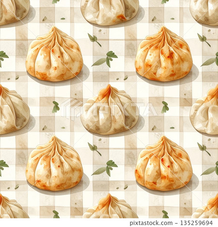 Steamed Dumplings on Beige Gingham Watercolor Background 135259694