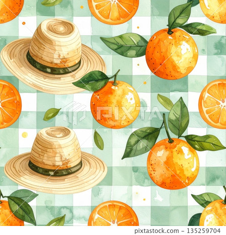 Bitter Orange with Straw Hat on Light Green Gingham Watercolor Background Bitter Orange with Straw Hat on Light Green Gingham Watercolor Background 135259704