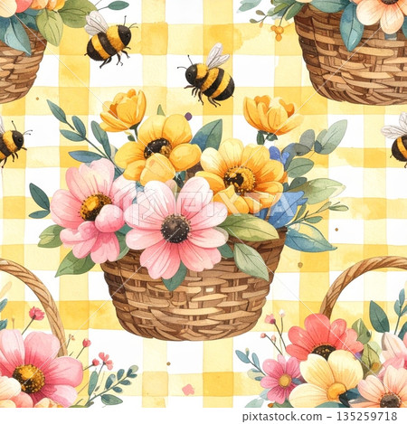 Basket of Flowers with Bees on Light Yellow Gingham Watercolor Background Basket of Flowers with Bees on Light Yellow Gingham Watercolor Background 135259718