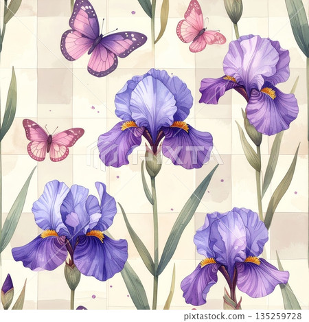 Purple Iris Flowers with Pink Butterflies on Cream Gingham Watercolor Background 135259728