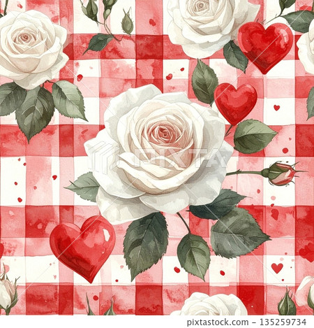 White Roses and Red Hearts on Red Gingham Watercolor Background 135259734