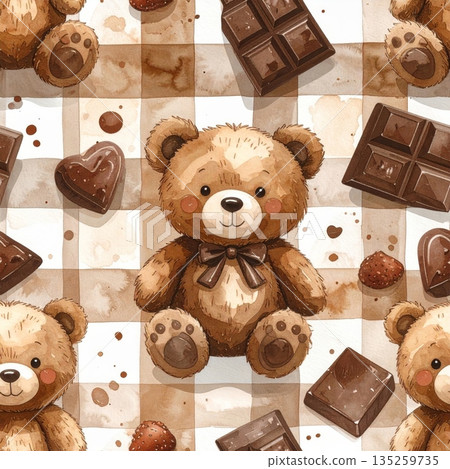 Chocolate Teddy Bears on Brown Gingham Watercolor Background 135259735