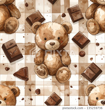 Chocolate Teddy Bears on Brown Gingham Watercolor Background 135259736