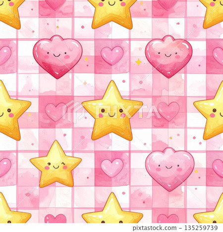 Yellow Stars and Pink Hearts on Pink Gingham Watercolor Background Yellow Stars and Pink Hearts on Pink Gingham Watercolor Background 135259739