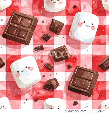 Marshmallows and Chocolate on Red Gingham Watercolor Background 135259750