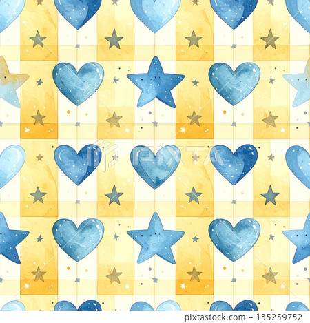 Stars and Blue Hearts on Light Yellow Gingham Watercolor Background Stars and Blue Hearts on Light Yellow Gingham Watercolor Background 135259752
