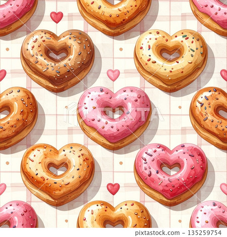 Heart Shaped Donuts and Bread on Cream Gingham Watercolor Background 135259754