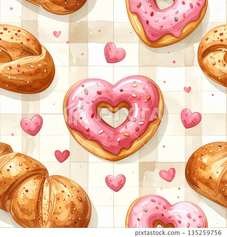 Heart Shaped Donuts and Bread on Cream Gingham Watercolor Background Heart Shaped Donuts and Bread on Cream Gingham Watercolor Background 135259756