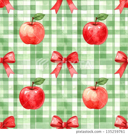 Thin Red Bow and Red Apples on Green Gingham Watercolor Background Thin Red Bow and Red Apples on Green Gingham Watercolor Background 135259761