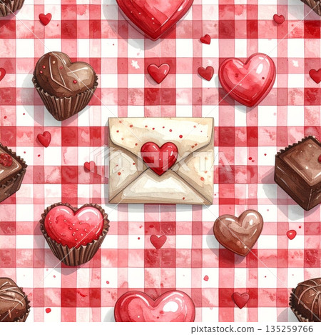 Love Letters and Chocolates on Red Gingham Watercolor Background Love Letters and Chocolates on Red Gingham Watercolor Background 135259766