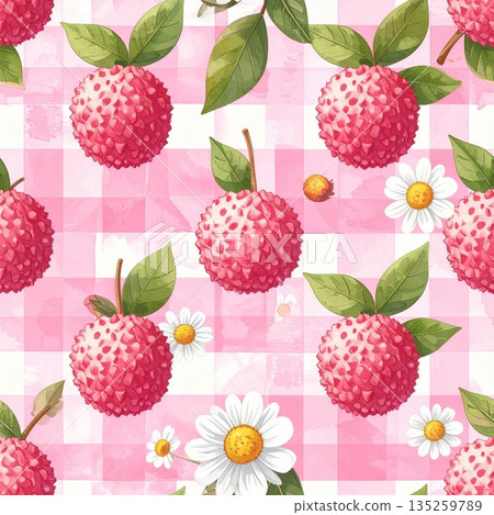 Lychee and White Daisy on Pink Gingham Watercolor Background Lychee and White Daisy on Pink Gingham Watercolor Background 135259789
