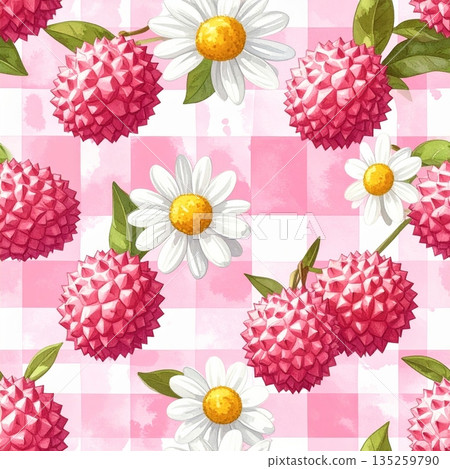 Lychee and White Daisy on Pink Gingham Watercolor Background Lychee and White Daisy on Pink Gingham Watercolor Background 135259790