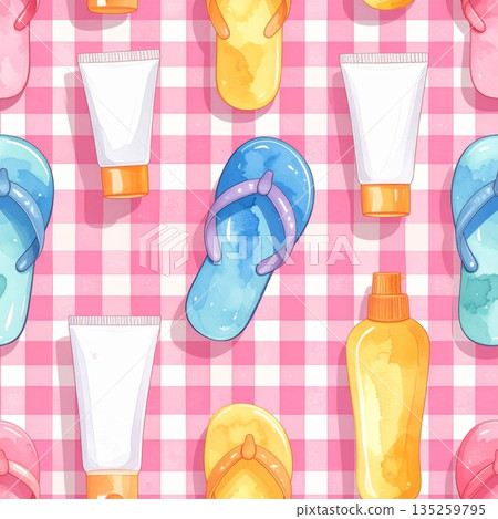 Red and White Beach Umbrellas and Blue and White Beach Umbrellas on Gingham Watercolor Background Red and White Beach Umbrellas and Blue and White Beach Umbrellas on Gingham Watercolor Background 135259795