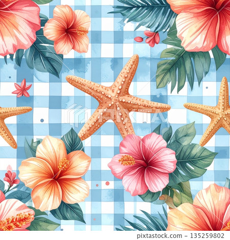 Starfish and Hibiscus Flowers on Light Blue Gingham Watercolor Background 135259802