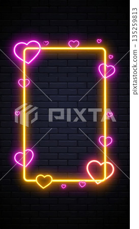 Pink and Yellow Neon Heart Frame on Wall Background Pink and Yellow Neon Heart Frame on Wall Background 135259813