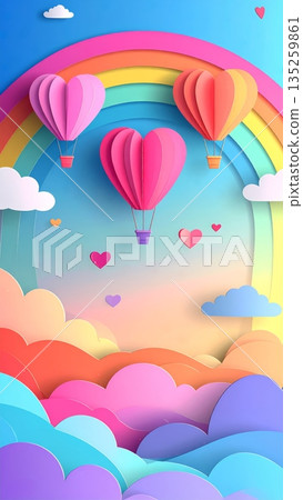 Pastel Rainbow Sky with Hot Air Heart Balloon in Paper Cut Craft Style 135259861