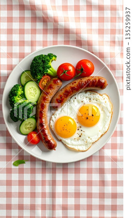 Breakfast Fried Egg with Sausage and Fresh Vegetables Top View Breakfast Fried Egg with Sausage and Fresh Vegetables Top View 135259937