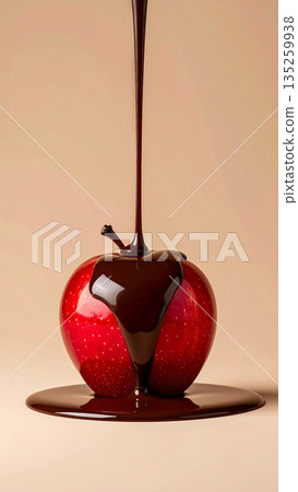 Studio Food Photography of Red Apple Coated with Flowing Chocolate on Beige Background Studio Food Photography of Red Apple Coated with Flowing Chocolate on Beige Background 135259938